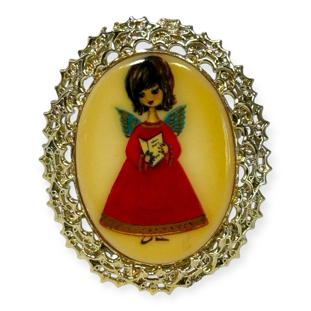 VTG Gold Tone Oval Angel Brooch Pin Red Dress Brunette Christmas Choir Singer